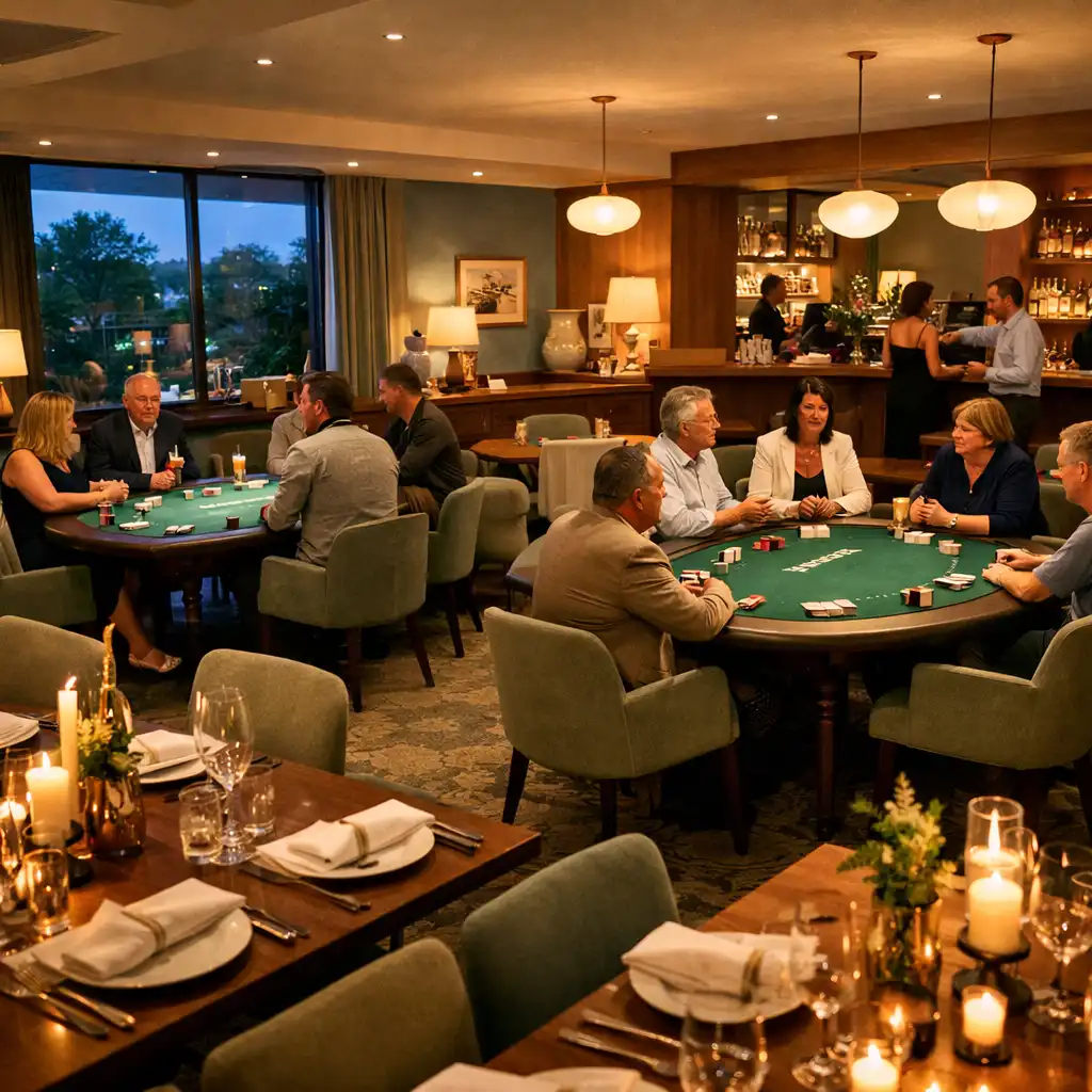 Elegant restaurant card lounge with prepared tables and guests in conversation