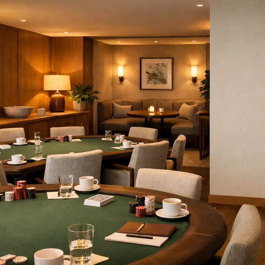 A refined card lounge prepared with green felt tables, warm timber details, seating and place settings for an in-person gathering.