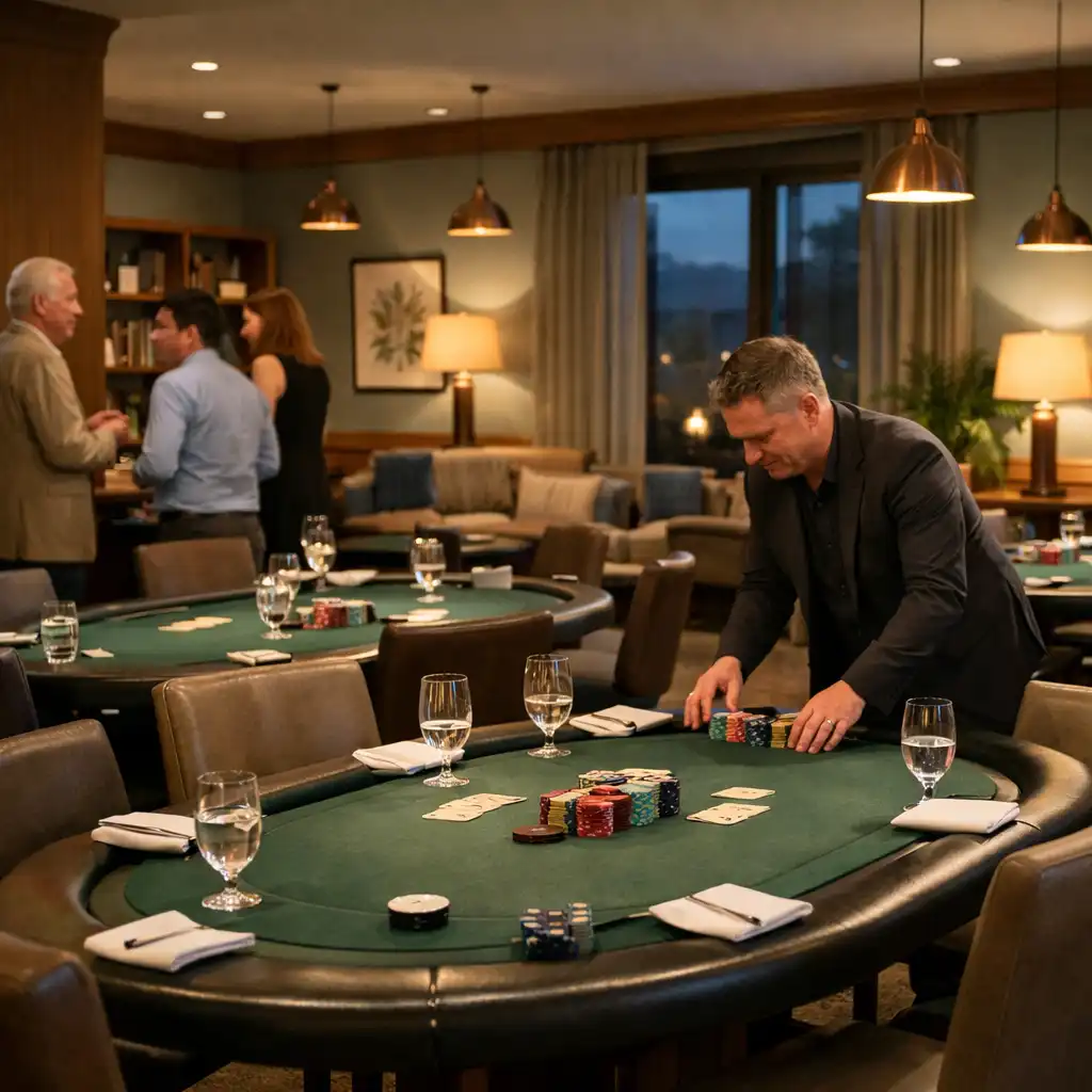 Prepared restaurant card room with tables, lounge seating and guests conversing in the background