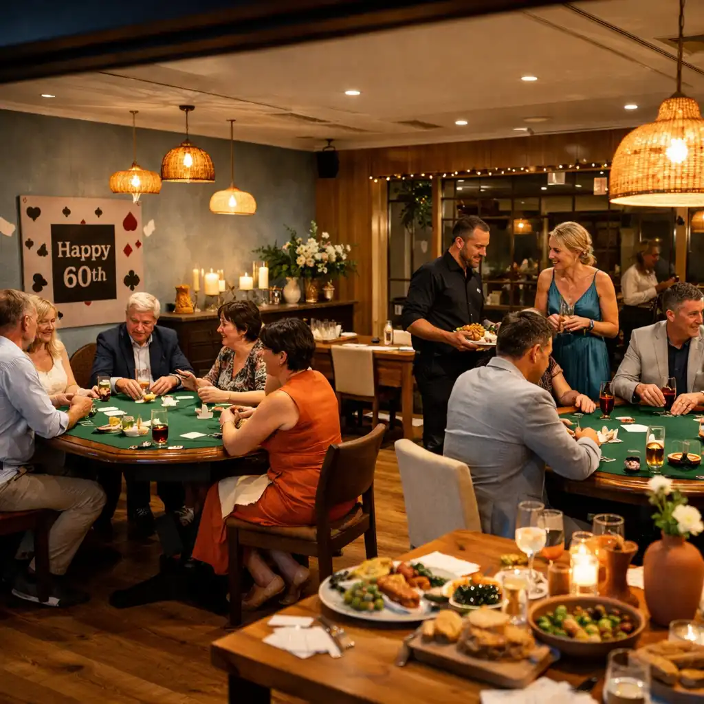 A refined milestone celebration with styled poker tables, dining details and relaxed guests in a restaurant private space