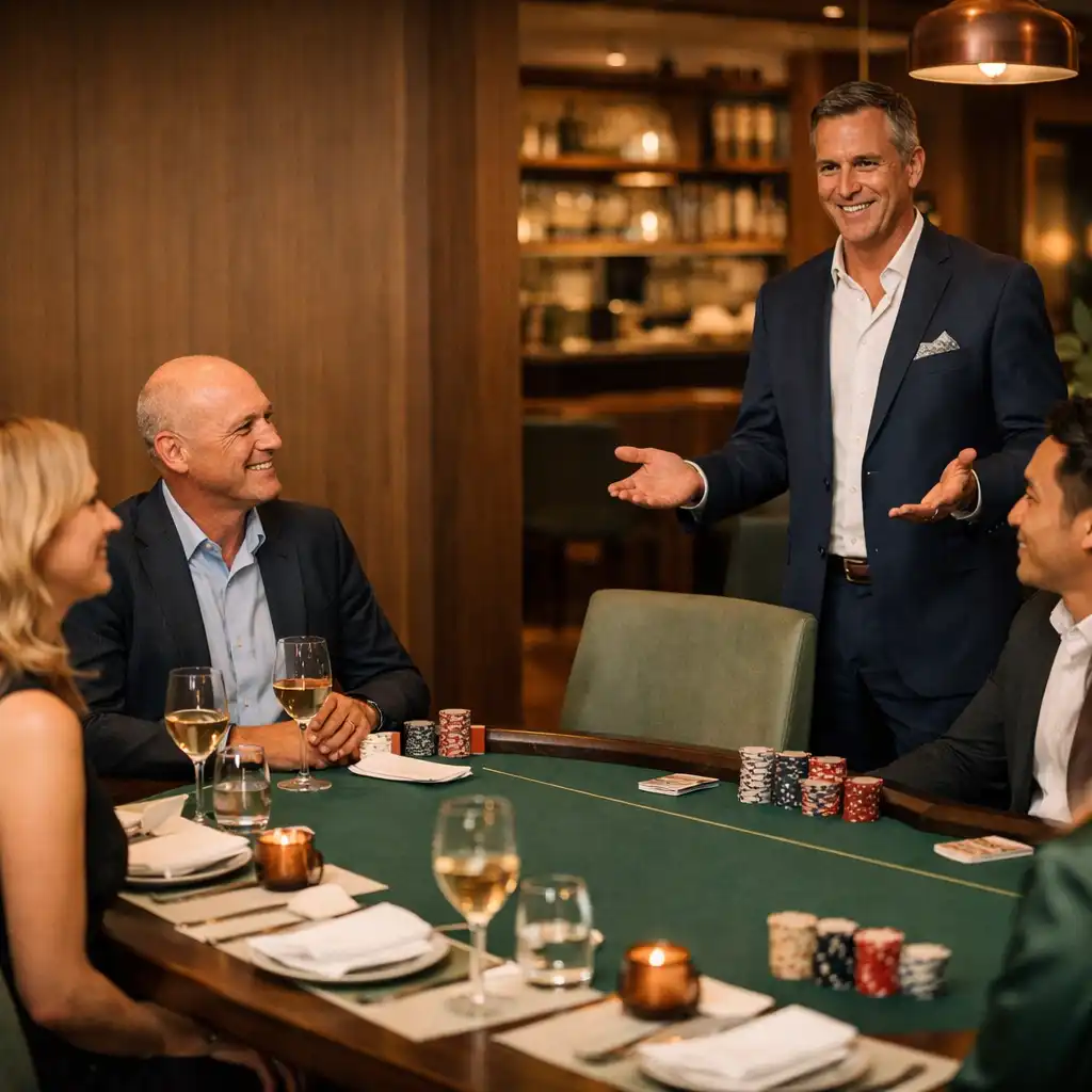 Professional host welcoming colleagues around a refined poker table at a restaurant corporate event