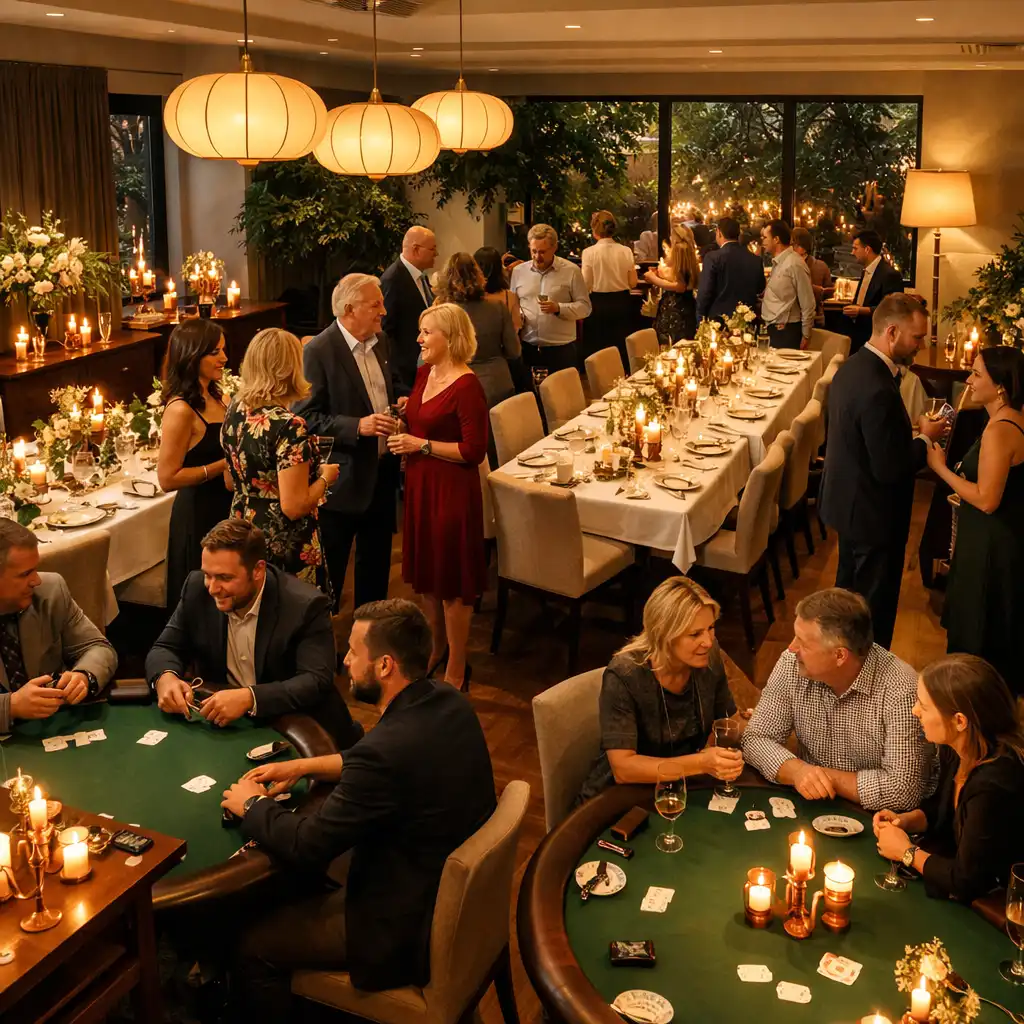 Guests mingling between dining tables and prepared offline poker tables in a restaurant private room