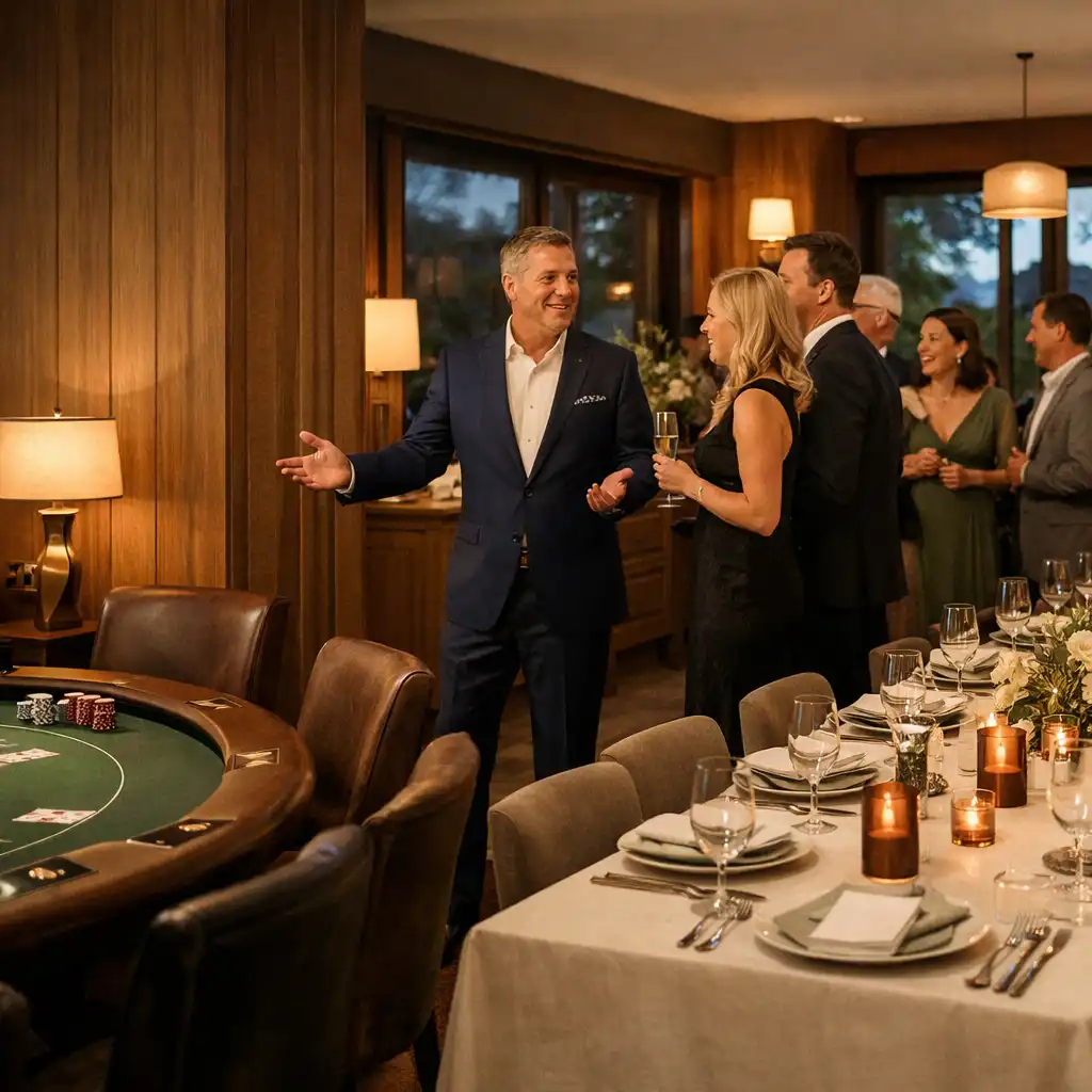 Guests enjoying a refined restaurant gala beside a hosted offline poker table