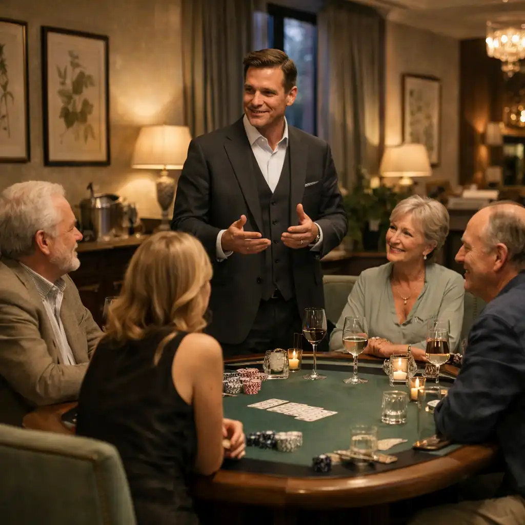 Professional host speaking with guests gathered in a refined restaurant card lounge
