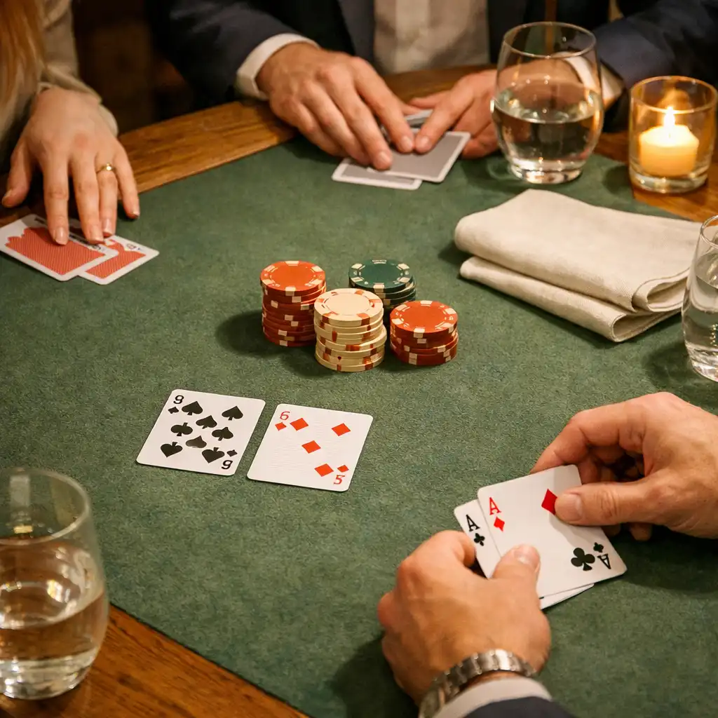 Hands arranging cards on a felt-topped table with linen, glasses and restaurant details