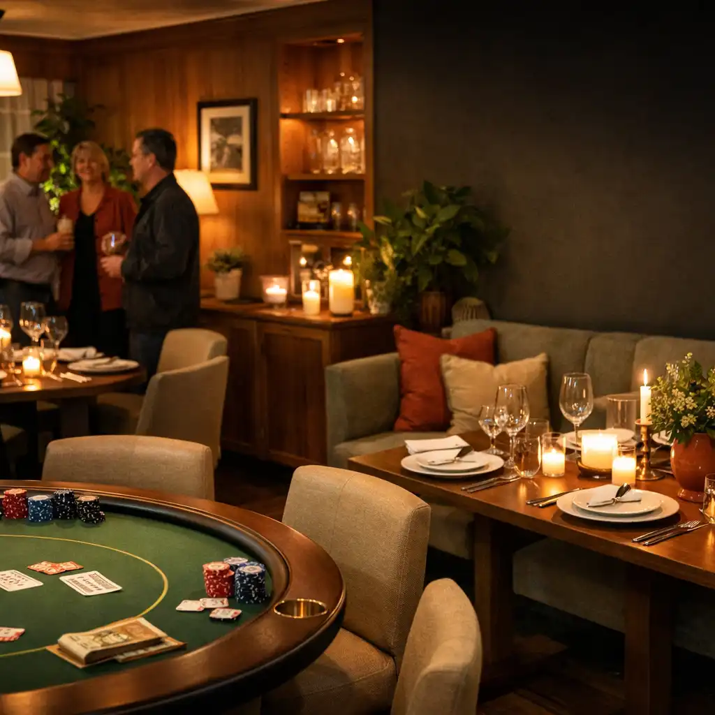 Intimate restaurant room prepared for an evening gathering with dressed tables, warm timber and a refined poker table