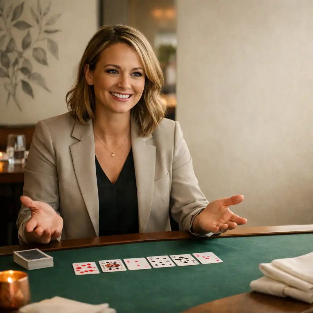Professional host making a welcoming gesture at a restaurant poker table with cards, linen and copper detail