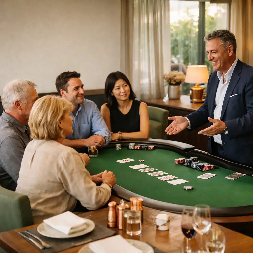 Professional host guiding adult guests around a refined restaurant poker table with linen place settings