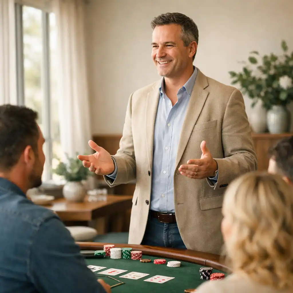 A professional host warmly welcoming guests at an elegant offline poker table in a daylight restaurant setting.