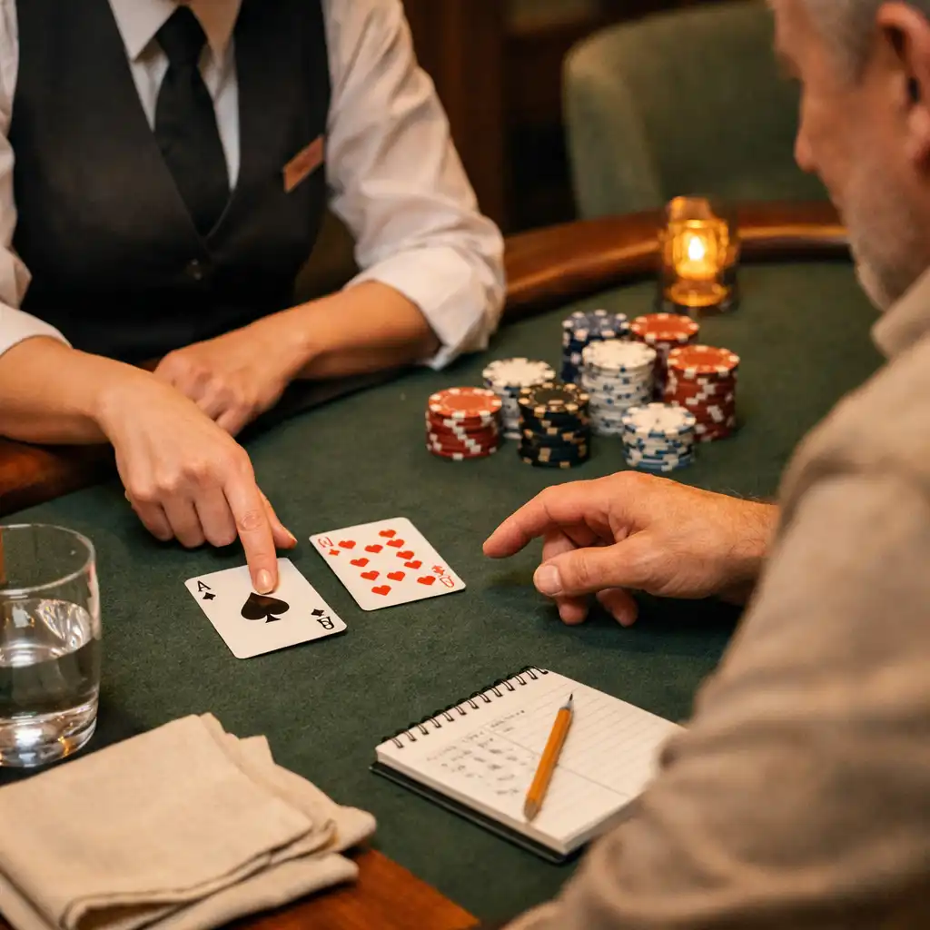 Professional host guiding a guest at a tactile card table with cards, linen and water glass