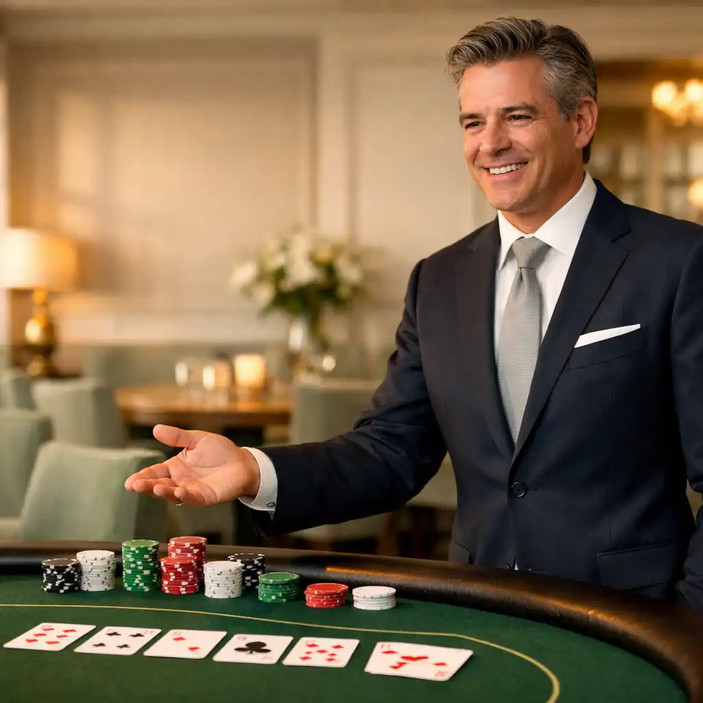 Professional host beside a prepared poker table in a bright restaurant lounge