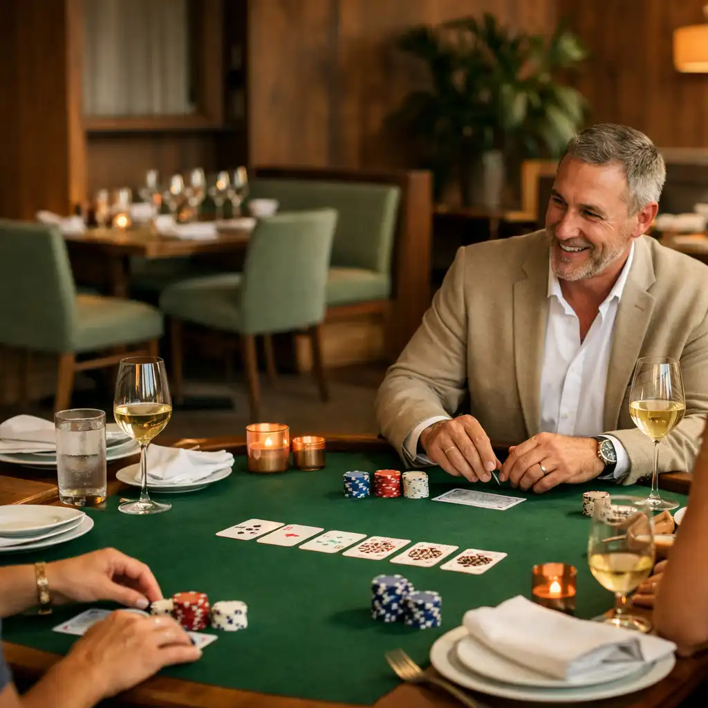 Guests gathered around a polished poker table within a bright restaurant setting