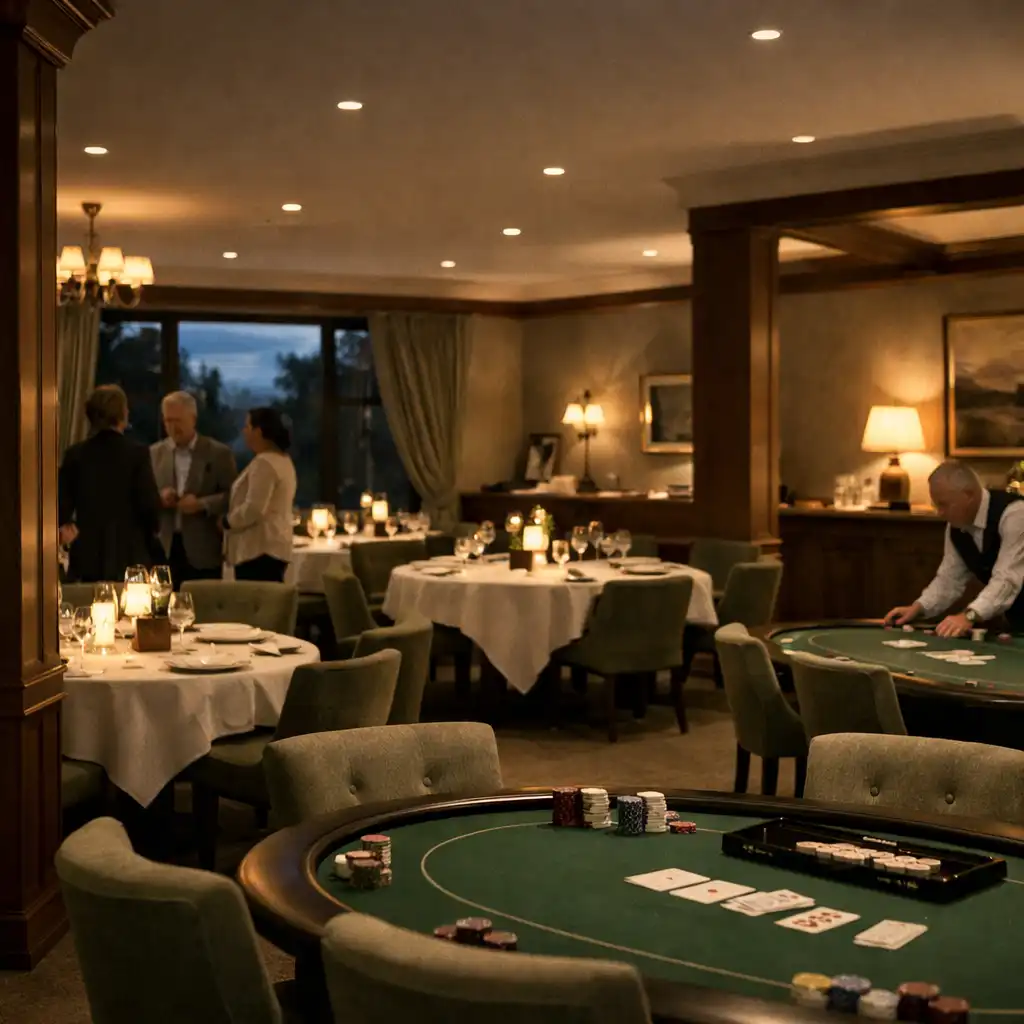 An elegant restaurant card room prepared with poker tables, dining tables and softly lit seating