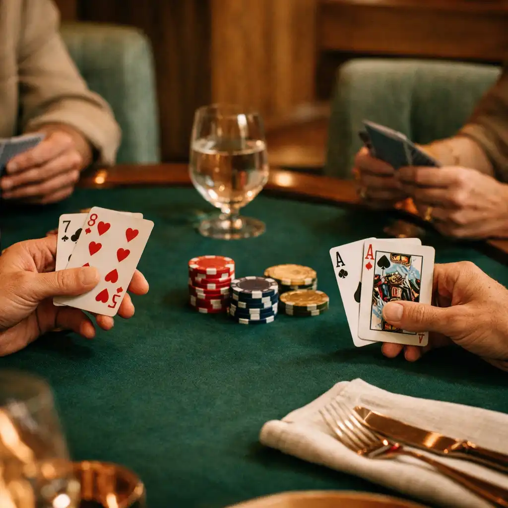 Guests' hands holding playing cards over a green felt table with glassware, linen and tableware
