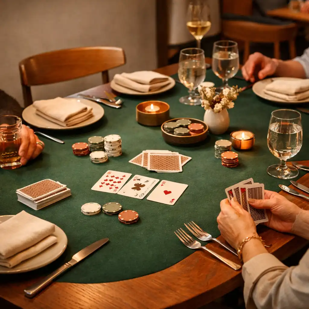 A dressed poker table with cards, place settings and diners' hands in a refined restaurant setting